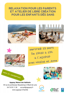 Mercredi en Famille : relaxation pour les parents et atelier créatif pour les enfants @ Agopop, Maison des habitants